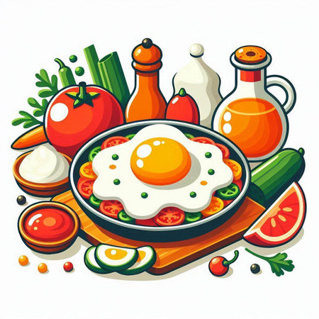 Fried eggs in frying pan with vegetables and spices. Vector illustration.のイラスト素材