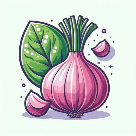 Illustration of a bunch of fresh onions with leaves. Vector illustration.のイラスト素材