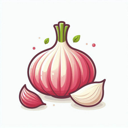 Illustration of a red onion and garlic on a white background.のイラスト素材