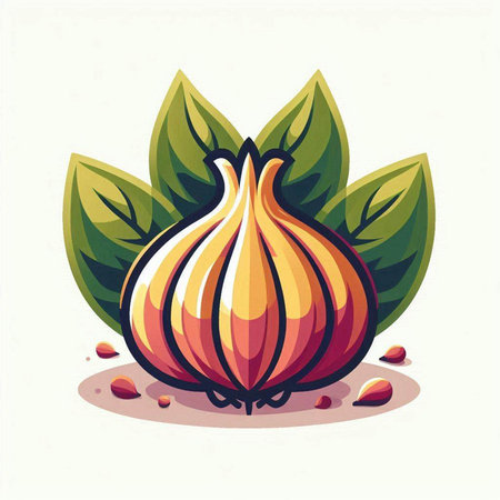 Illustration of a fresh garlic with green leaves on a white backgroundのイラスト素材