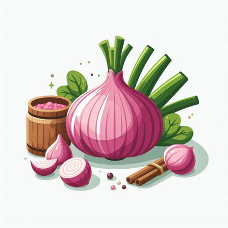 Illustration of fresh onion, garlic and pepper on white background.のイラスト素材