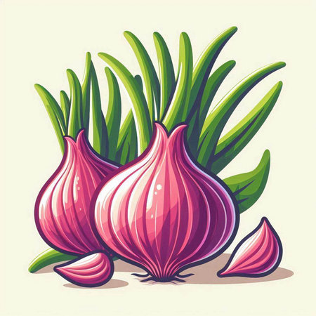 Illustration of fresh red onions with green leaves on a white backgroundのイラスト素材