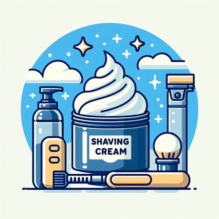 Vector illustration of cosmetic cream in a jar, brush, razor, cream in a jar.のイラスト素材