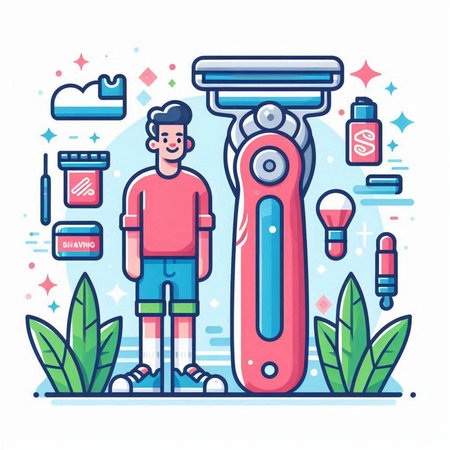Man with electric razor. Vector illustration in flat linear design style.のイラスト素材