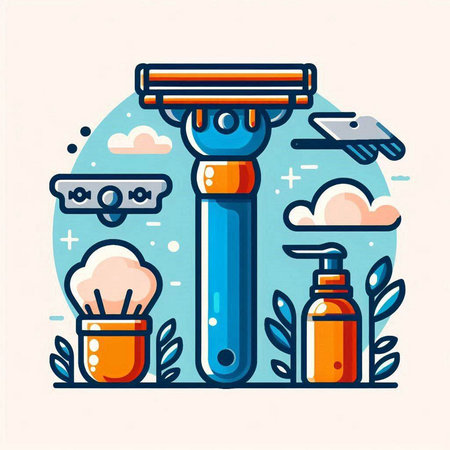 Razor and shaving accessories. Vector illustration in thin line style.のイラスト素材