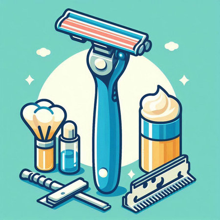 Vector illustration of shaving machine and accessories for shaving in cartoon style.のイラスト素材