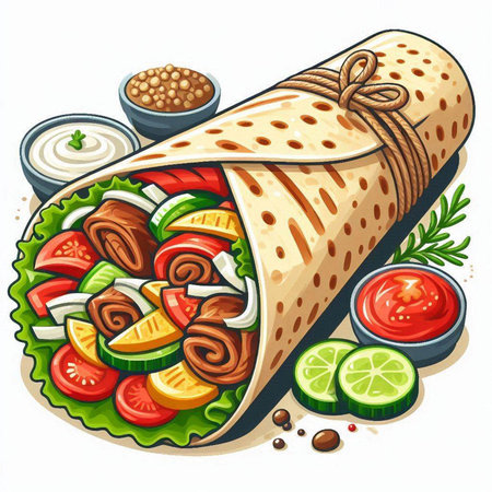 Mexican burrito with meat, vegetables and sauce. Vector illustrationのイラスト素材