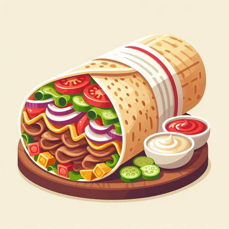 Tortilla wrap with vegetables and sauce. Vector illustration in cartoon style.のイラスト素材