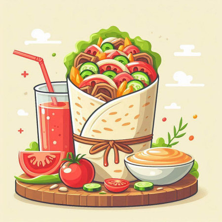 Tortilla wrap with tomato and cucumber. Vector illustration.のイラスト素材