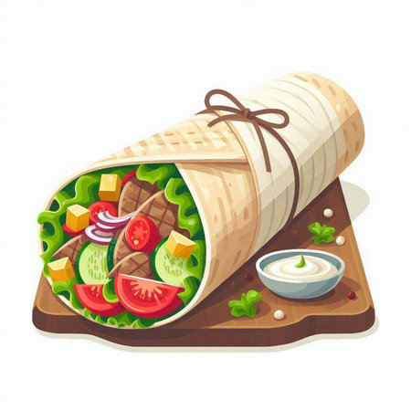 Tortilla wrap with meat and vegetables. Vector illustration on white background.のイラスト素材