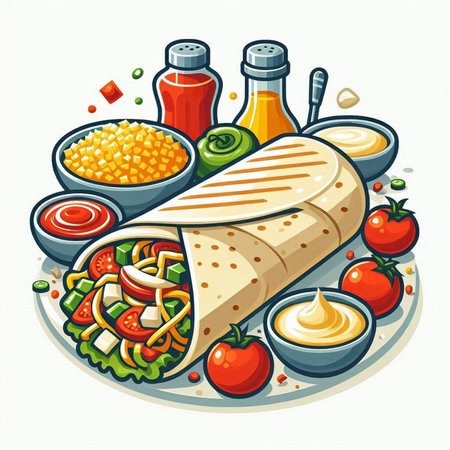 Vector illustration of tortilla wrap with vegetables and sauces on white backgroundのイラスト素材