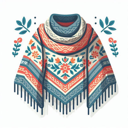 Warm knitted poncho with floral pattern. Vector illustration.のイラスト素材