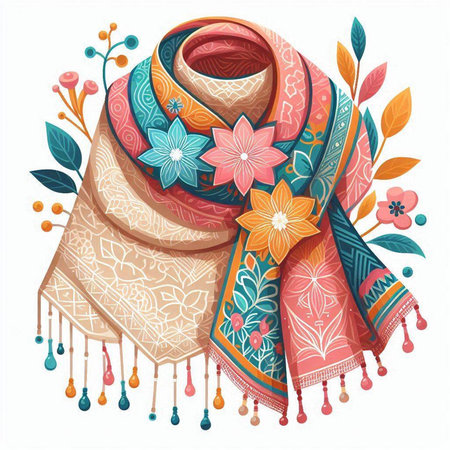 Vector illustration of a scarf with ornaments and flowers on a white backgroundのイラスト素材