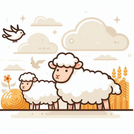 Sheep and birds on the farm. Vector illustration of a cartoon character.のイラスト素材