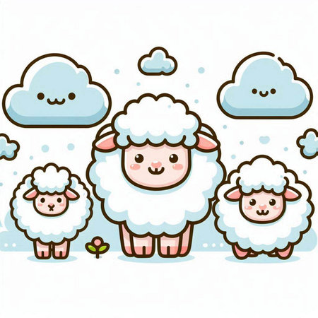 Cute sheeps in the clouds. Vector illustration of cartoon characters.のイラスト素材