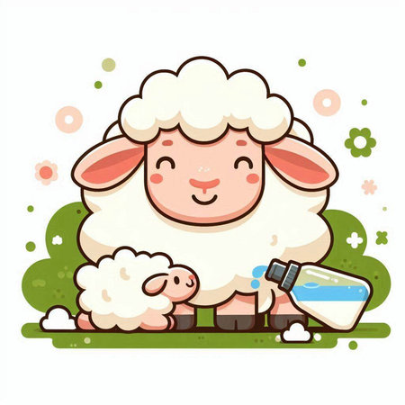 Sheep with bottle of milk and little lamb. Vector illustration.のイラスト素材
