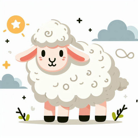 Cute cartoon sheep on the sky background. Vector illustration in flat style.のイラスト素材