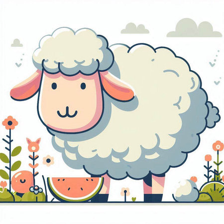 Vector illustration of a cute sheep with watermelon in the background.のイラスト素材