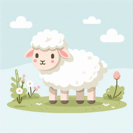 Cute sheep in the grass. Cute cartoon vector illustration.のイラスト素材