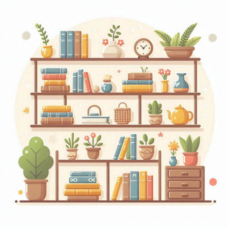 Bookshelf with books and plants. Vector illustration in flat styleのイラスト素材