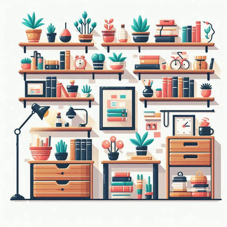 Bookshelf with books and home plants. Flat design vector illustration.のイラスト素材