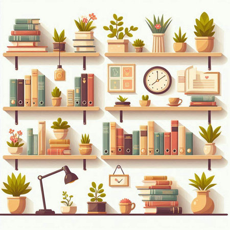 Bookshelf with different books and plants in flat style. Vector illustration.のイラスト素材