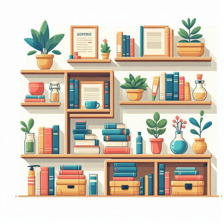 Bookshelf with books and plants. Vector illustration in flat styleのイラスト素材