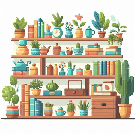 Bookshelf with books and cacti. Vector illustration.のイラスト素材