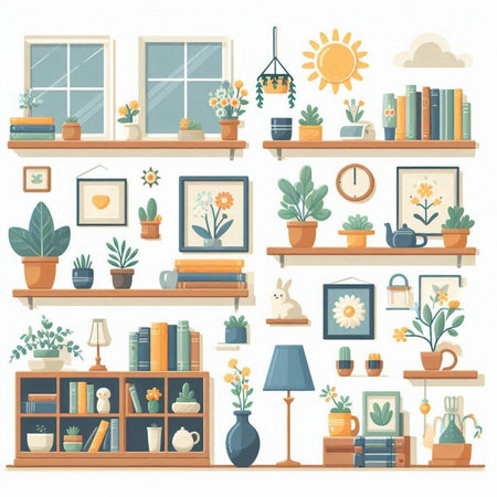 Interior design with bookshelf, bookshelves, vases and plants. Vector illustrationのイラスト素材