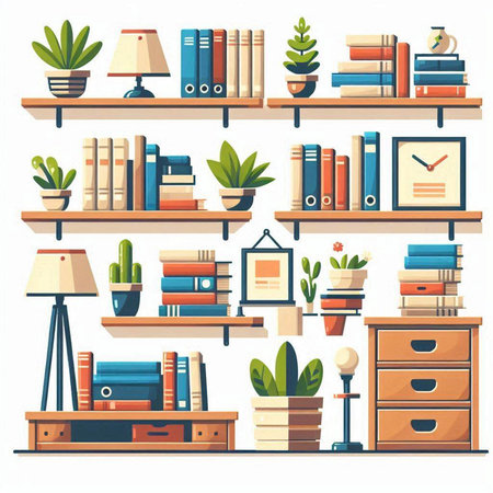Bookshelves with books and plants. Flat style vector illustration.のイラスト素材
