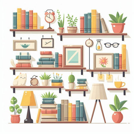 Bookshelf with books and accessories. Flat style vector illustration.のイラスト素材