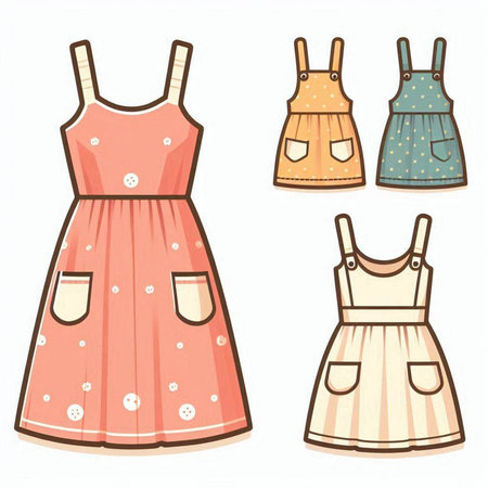 Set of cute hand drawn summer dresses. Vector illustration isolated on white backgroundのイラスト素材