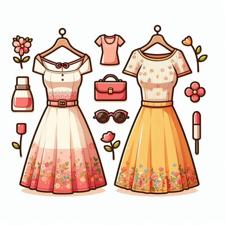 Fashionable women's clothing and accessories set. Vector illustration.のイラスト素材