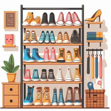 Shelving with different shoes. Vector illustration in cartoon style.のイラスト素材