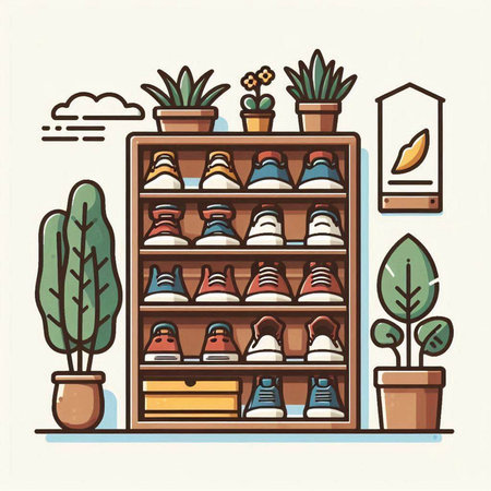 Sneakers in a shelf with plants. Flat vector illustration.のイラスト素材