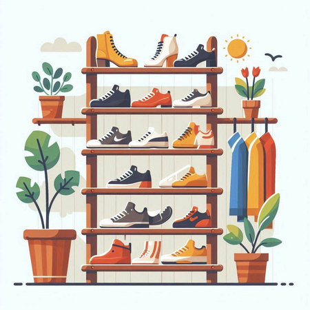 Shelves with different shoes in the store. Vector illustration.のイラスト素材