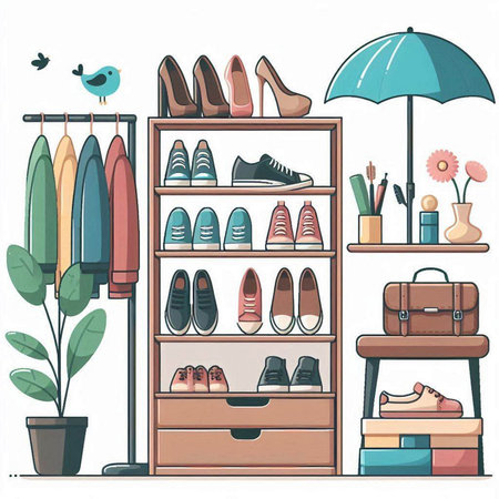 Fashion store shelves with shoes and accessories. Cartoon vector illustration.のイラスト素材