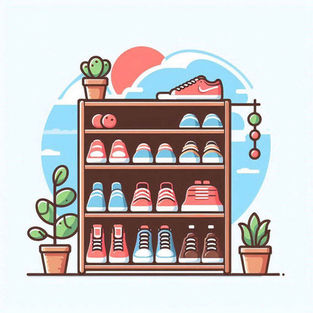 Shelves with shoes and accessories. Vector illustration in flat styleのイラスト素材