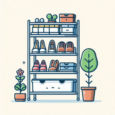 Shelves with shoes and accessories. Vector illustration in flat styleのイラスト素材