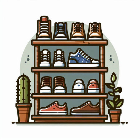 Shelves with shoes and cactuses. Vector illustration.のイラスト素材