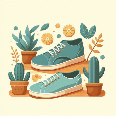 Vector illustration of a pair of sneakers and succulents in a flowerpot.のイラスト素材