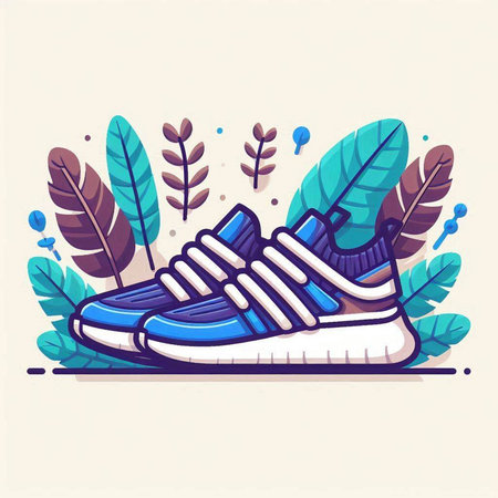 Sport sneakers. Vector illustration in flat style. Sneakers with leaves.のイラスト素材