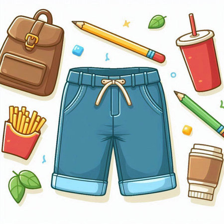 Vector illustration of a set of men's shorts and various accessories.のイラスト素材
