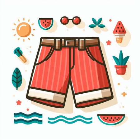 Summer beach vacation flat vector icons set. Beach shorts, swimming trunks, watermelon, sunglasses.のイラスト素材