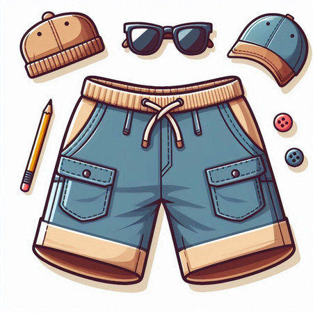 Jeans shorts with cap, sunglasses and pencil. Vector illustration.のイラスト素材