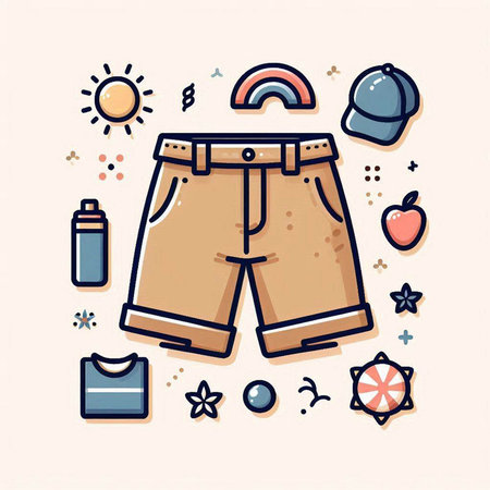 Shorts and summer accessories. Vector illustration in doodle styleのイラスト素材