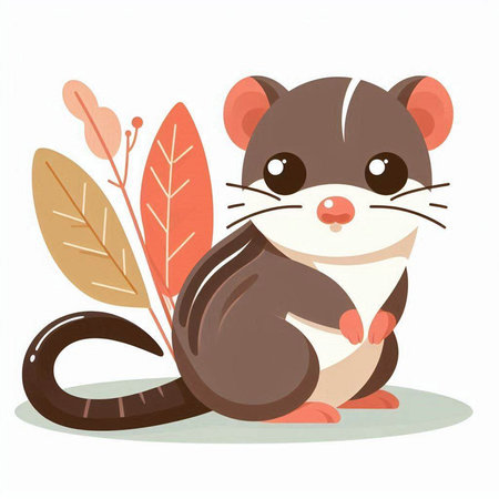 Cute rat sitting with autumn leaves on white background. Vector illustration.のイラスト素材