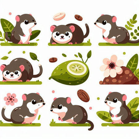Set of cute rats and flowers isolated on white background. Vector illustration.のイラスト素材