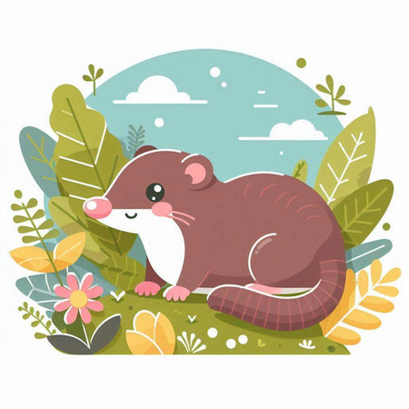 Cute rat sitting in the grass with flowers. Vector illustration.のイラスト素材