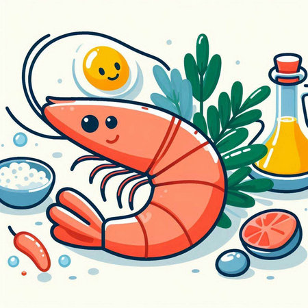 Illustration of a cute shrimp and ingredients for cooking on white backgroundのイラスト素材